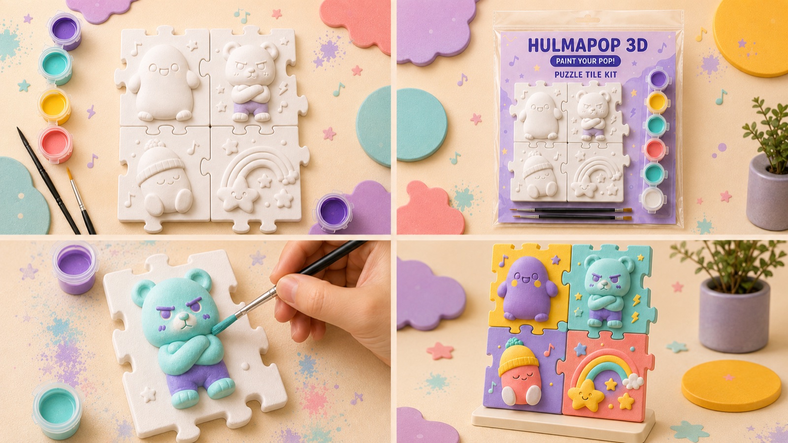 HULMAPOP custom 3D-printed Puzzle Tile Kit — blank tiles, packaged kit, painting in progress, and finished painted design