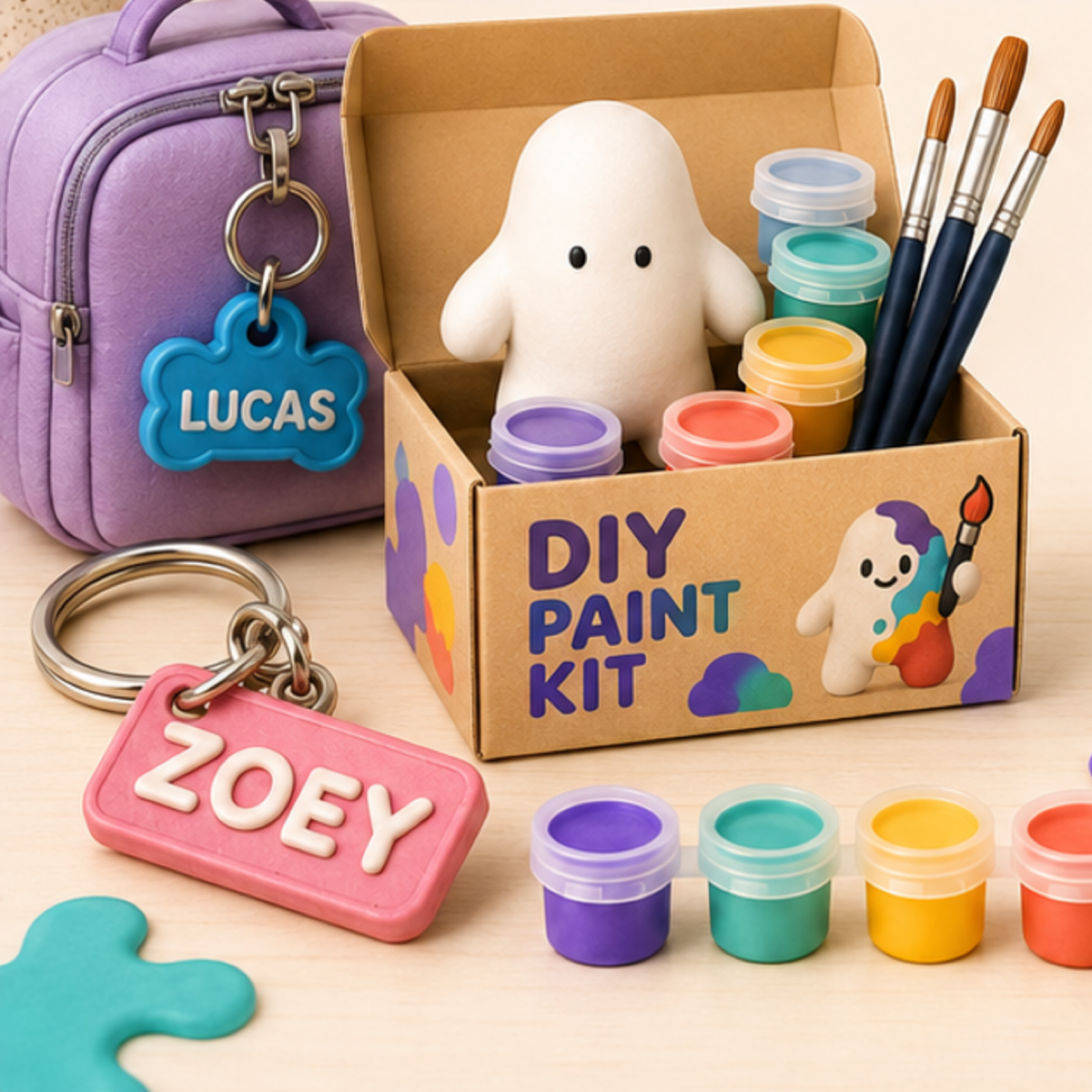 HULMAPOP DIY Paint Kit with a blank Moodling, paints, brushes, and personalized name keychains